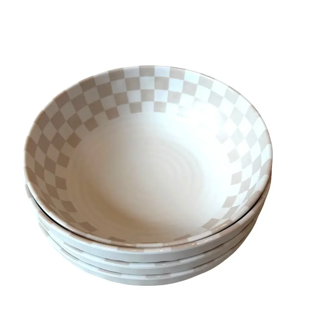 Taupe Checkered Melamine Salad Bowls 8in Set of 4 Indoor Outdoor NEW